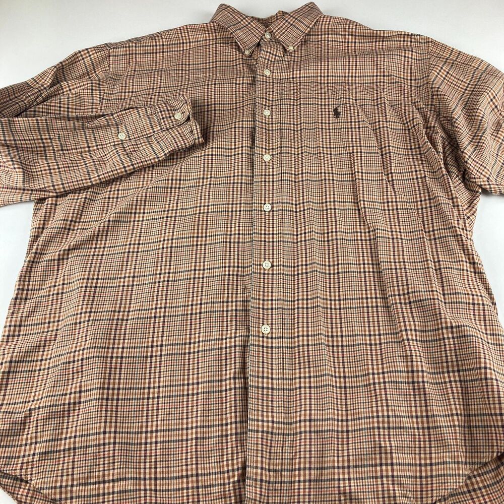 Ralph Lauren Blake Button Front Shirt Mens L Plaid Cotton Pony Brown Blue